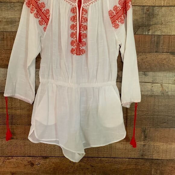 J. Crew white shorts romper orange embroidery long sleeve size‎ small - Picture 12 of 13
